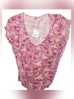 Free People Pink Floral Mesh Ruffle Top Size Small